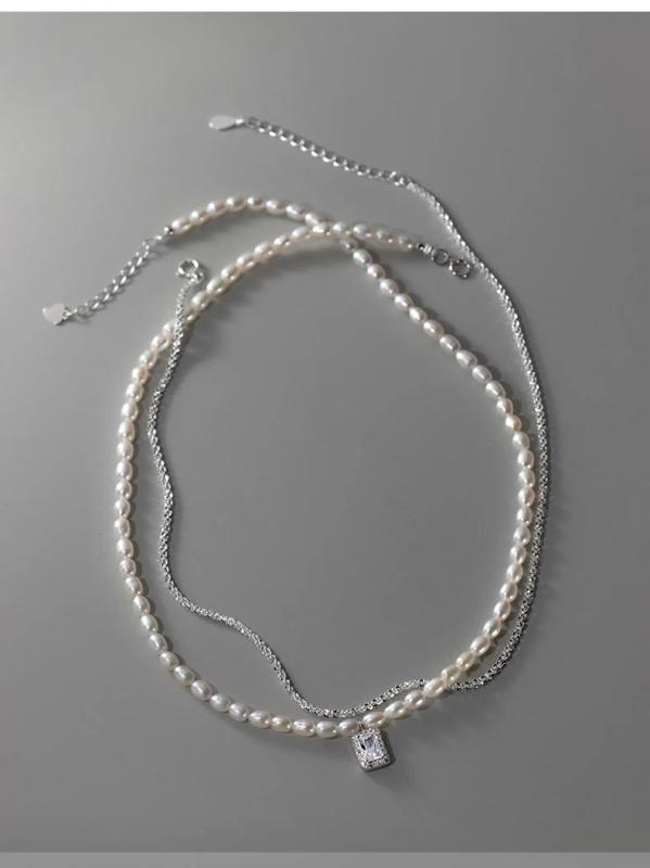 925 Silver Pearl & Zircon Square Choker Necklace Pendant