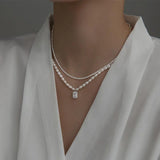 925 Silver Pearl & Zircon Square Choker Necklace Pendant