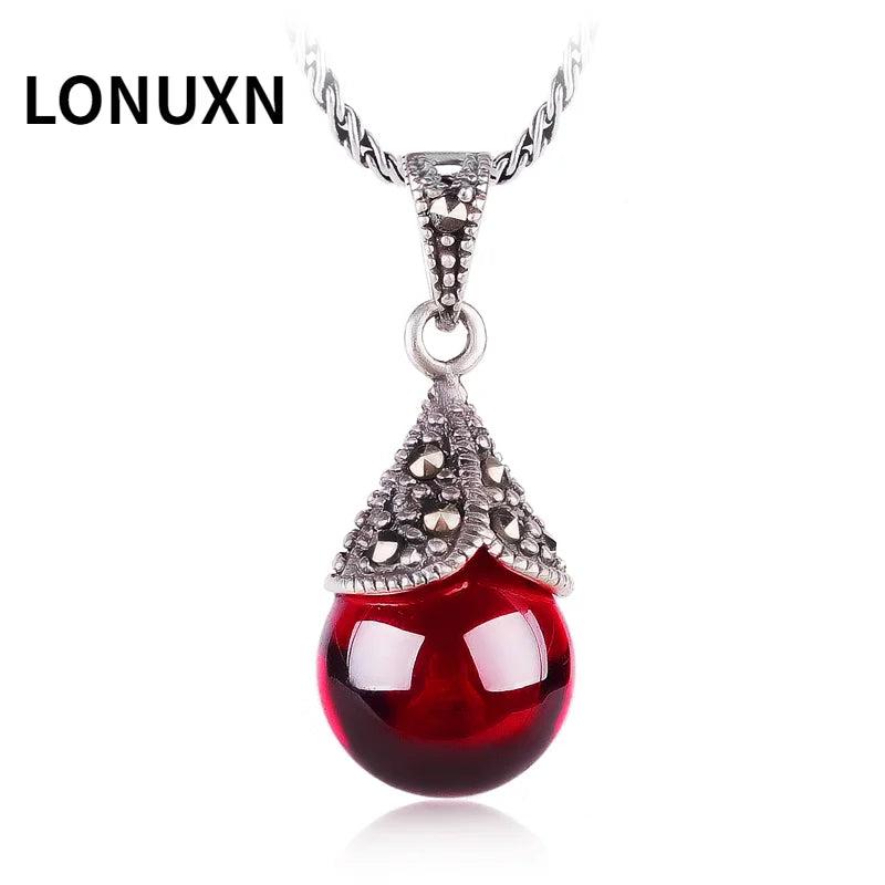 925 Silver Necklace Red Garnet Retro Beads Pendant