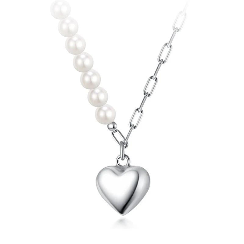 TrustDavis 925 Sterling Silver Pearl Heart Pendant Necklace for Women