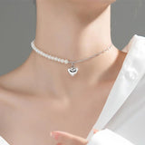 TrustDavis 925 Sterling Silver Pearl Heart Pendant Necklace for Women