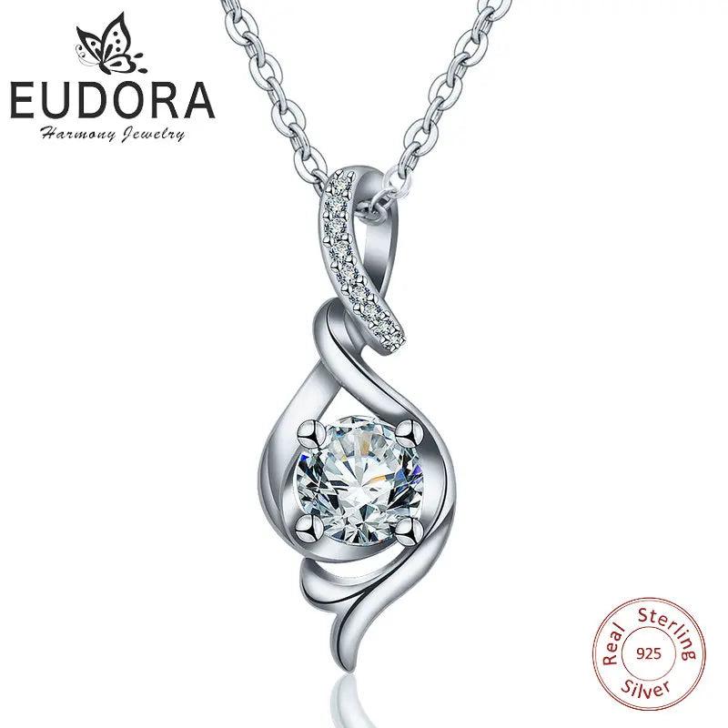 925 Silver Water Drop Pendant Necklace CZ Charm Choker
