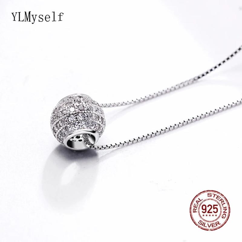 Small Ball Necklace Real 925 Sterling Silver Pendant Zirconia
