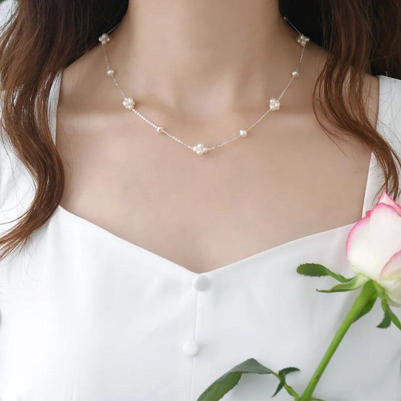 Freshwater Pearl Silver Flower Ball Necklace for Women
