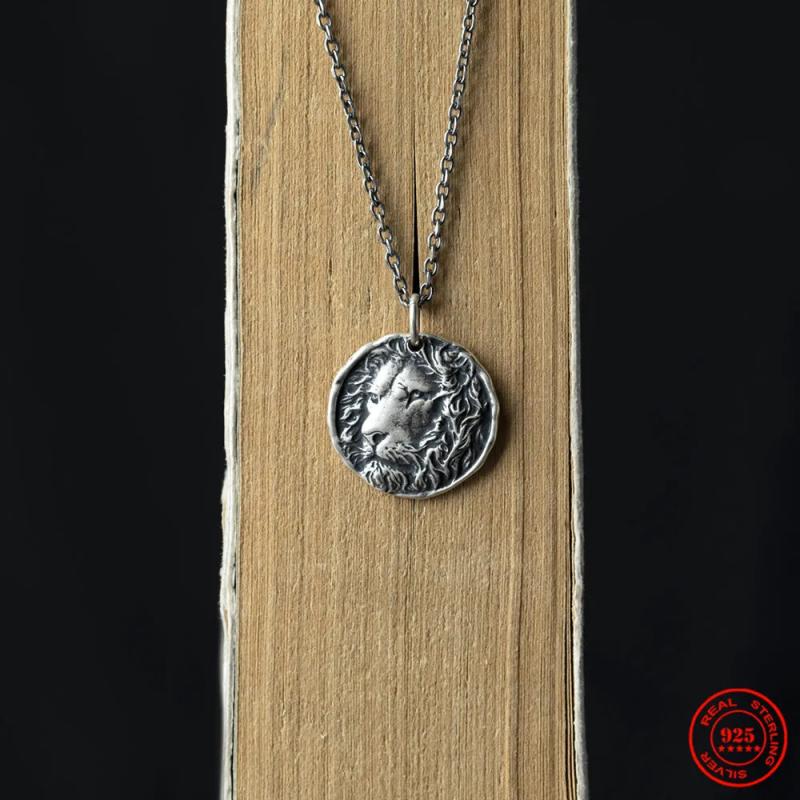 925 Silver Lion Head Coin Pendant Necklace Punk Style King Jewelry