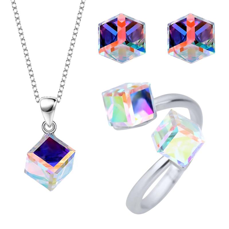 S925 Sterling Silver Square Crystal Set Of Fine Jewelry