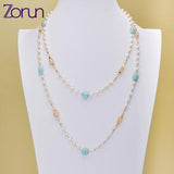 Freshwater Pearl Necklace with Natural Stone 4-4.5mm Sweater Chain