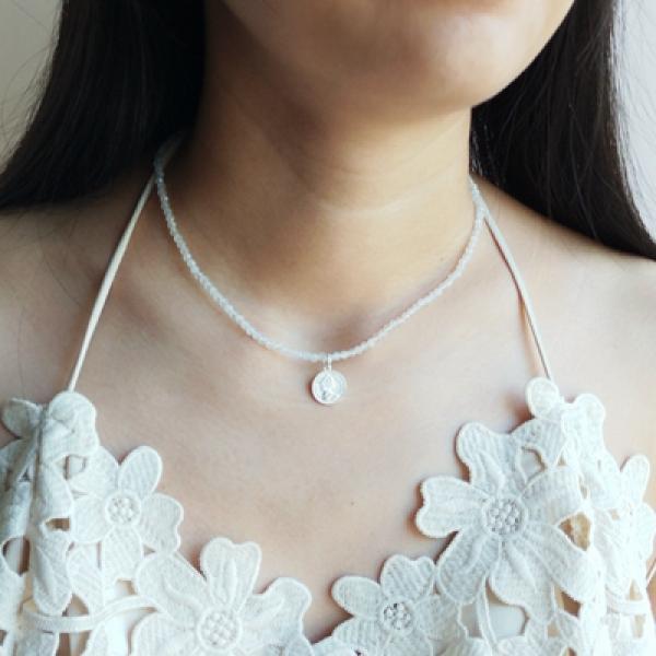 3mm Gemstone Aquamarine Peridot Rose Quartz 925 Silver Coin Vintage Necklace