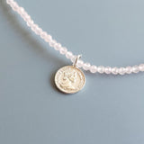 3mm Gemstone Aquamarine Peridot Rose Quartz 925 Silver Coin Vintage Necklace