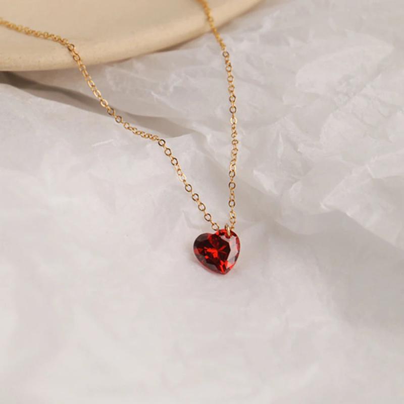 S925 Sterling Silver Heart Necklace Red Diamond Pendants