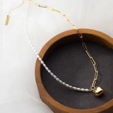 Baroque Pearl Chain Heart Pendant Necklace 925 Sterling Silver