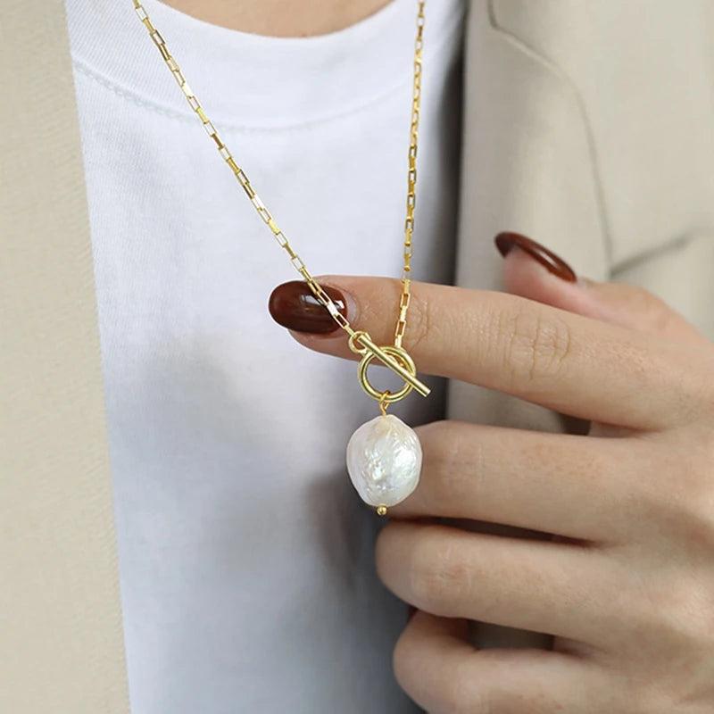 925 Silver Baroque Pearl Necklace Women Wide Chain Natural Pendant Office