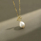 925 Silver Baroque Pearl Necklace Women Wide Chain Natural Pendant Office