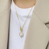 925 Silver Baroque Pearl Necklace Women Wide Chain Natural Pendant Office
