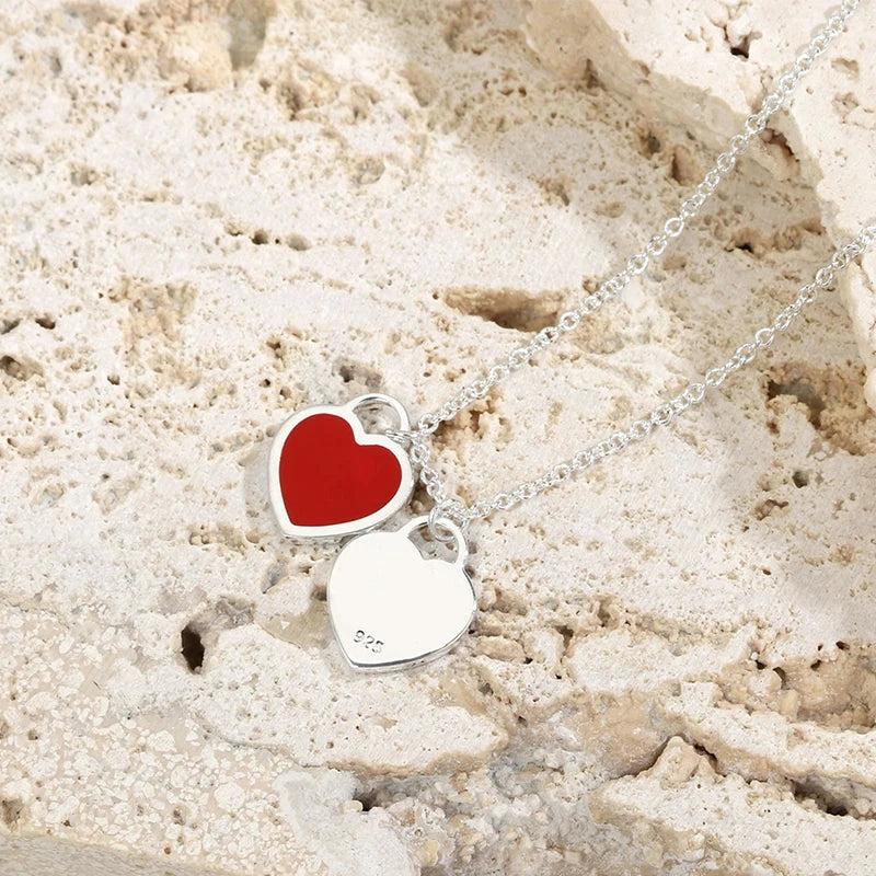 Double Heart Enamel Necklace S925 Sterling Silver Classic Womens Jewelry