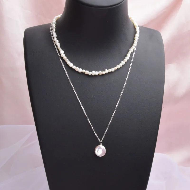 Baroque Pearl 925 Silver Choker Necklace Layer Pendant