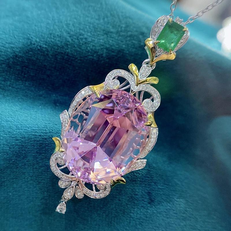 Women Oval Diamond Pink Necklace Bright Zircon Jewelry