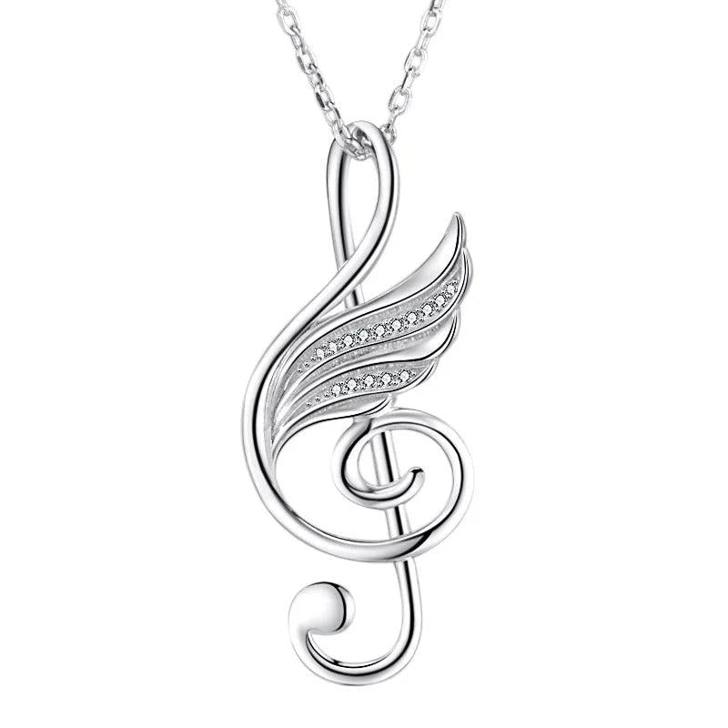 925 Silver Musical Note Wing Necklace with CZ