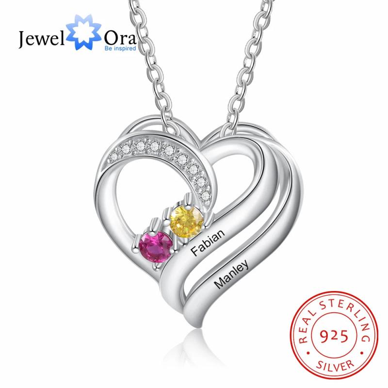 JewelOra 925 Silver Personalized Name Pendant Necklace with 2 Birthstones