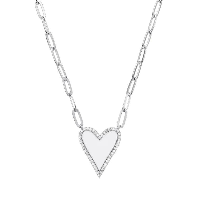 925 Silver Enamel Heart CZ Necklace on Paperclip Chain