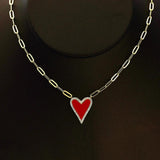 925 Silver Enamel Heart CZ Necklace on Paperclip Chain