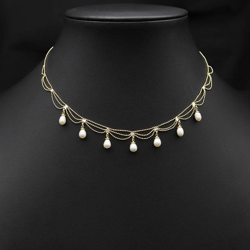 Natural Pearls Women Short Necklace Shining Lace Tassel Bulb-Shaped Chain