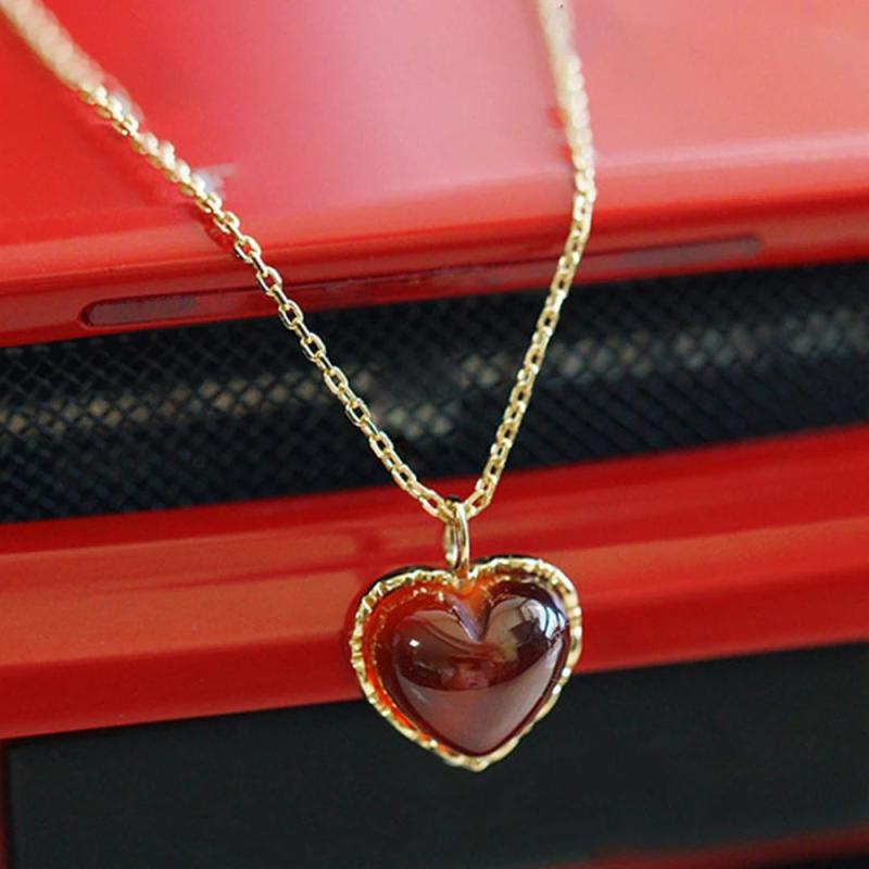S925 Sterling Silver Heart Necklace Red Diamond Pendant Jewelry For Women