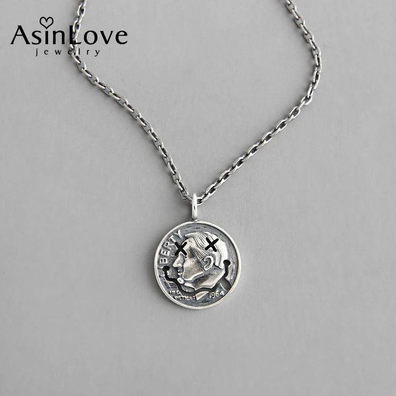 Vintage Portrait Coin Round Pendant Necklace 925 Sterling Silver
