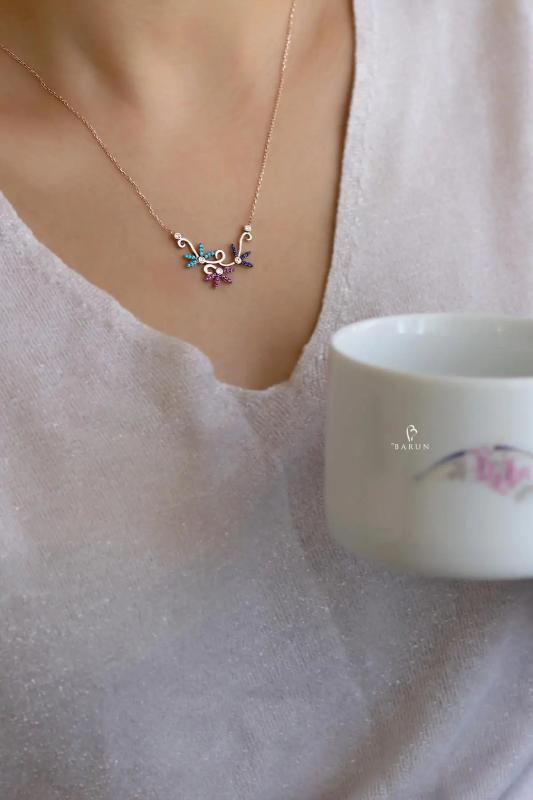 Spring Flower Pendant Necklace, 925 Sterling Silver Zircon Stone Pendant