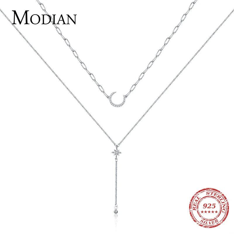 925 Silver Double Layer Zircon Moon Necklace Pendant