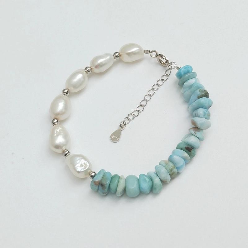 Real Pearl Larimar Beads Choker Necklace 925 Sterling Silver Women Jewelry