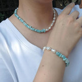 Real Pearl Larimar Beads Choker Necklace 925 Sterling Silver Women Jewelry