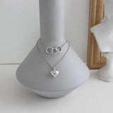 925 Silver Triple Circle Necklace Heart Pendant Double Layer Choker Gift