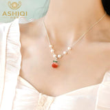Peach Pearl Pendant Choker Necklace 925 Silver