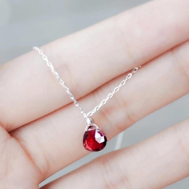925 Silver Water Drop Pendant Red Garnet Necklace