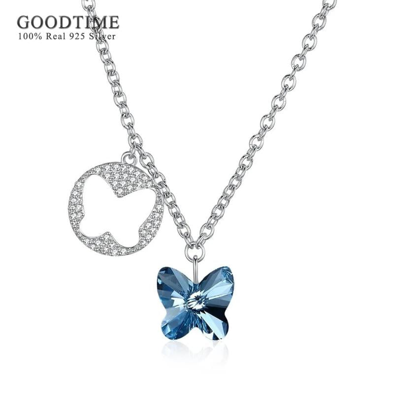 925 Silver Butterfly Pendant Necklaces Sparkling & Pink Crystal Jewelry