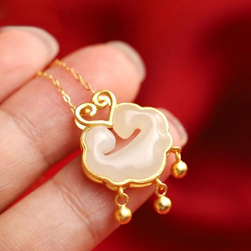 Natural Hetian Jade Ruyi Lock Pendant Necklace for Women Baby Pure 999 Chain