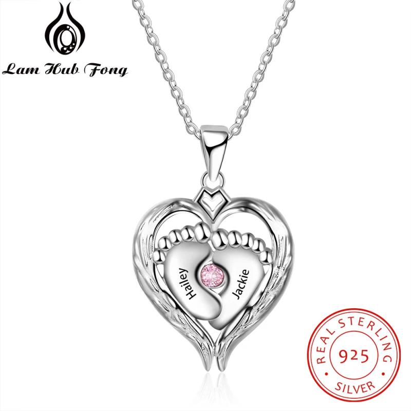 925 Silver Baby Feet Birthstone Necklace for Mom