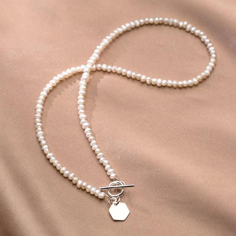 925 Sterling Silver Necklace Pearl Geometric Hexagon OT Buckle