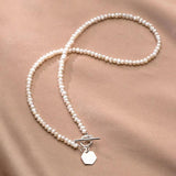 925 Sterling Silver Necklace Pearl Geometric Hexagon OT Buckle