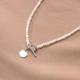 925 Sterling Silver Necklace Pearl Geometric Hexagon OT Buckle