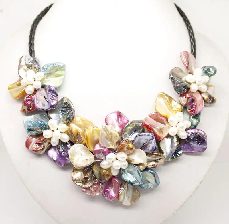 Natural & Multicolor Shell Pearl Flower Pendant Necklace 18'