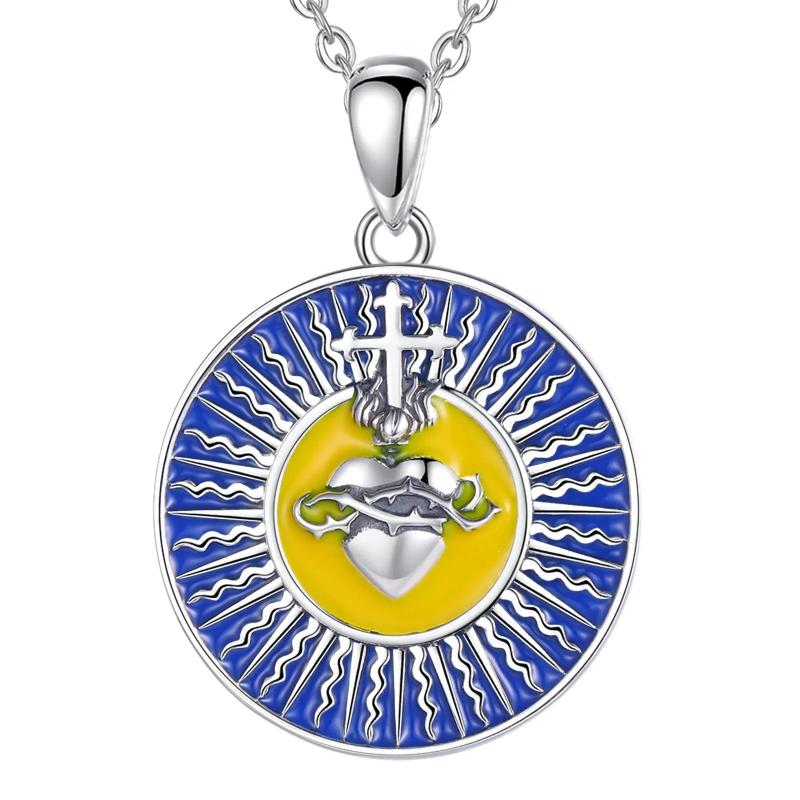 925 Sterling Silver Sacred Heart of Jesus Cross Necklace Enamel Pendant