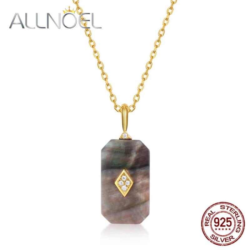 925 Silver Pendant Necklace Rectangle Shell Zircon Vintage Jewelry