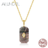 925 Silver Pendant Necklace Rectangle Shell Zircon Vintage Jewelry