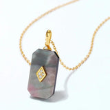 925 Silver Pendant Necklace Rectangle Shell Zircon Vintage Jewelry