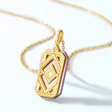925 Silver Pendant Necklace Rectangle Shell Zircon Vintage Jewelry