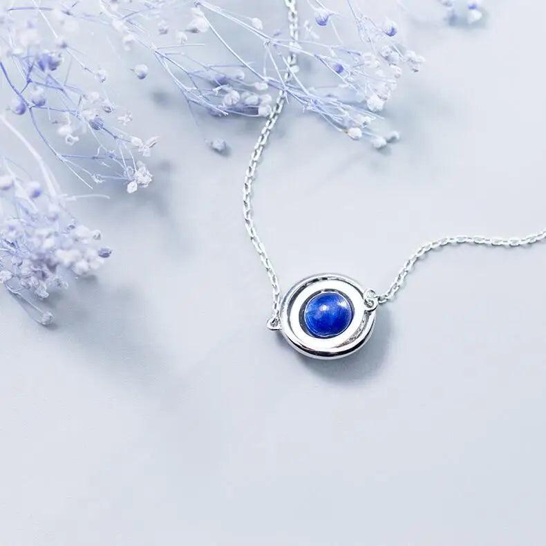 MloveAcc 925 Silver Necklace Double Circles Pendant Long Chain Stone Bead