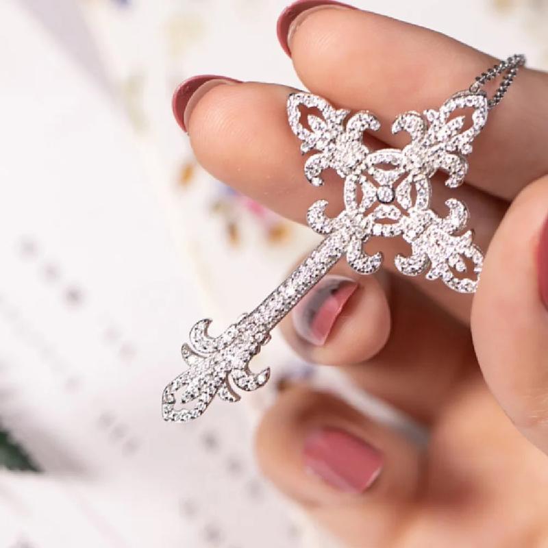 925 Silver diamond painting full palace Cross Pendant Necklace for women men