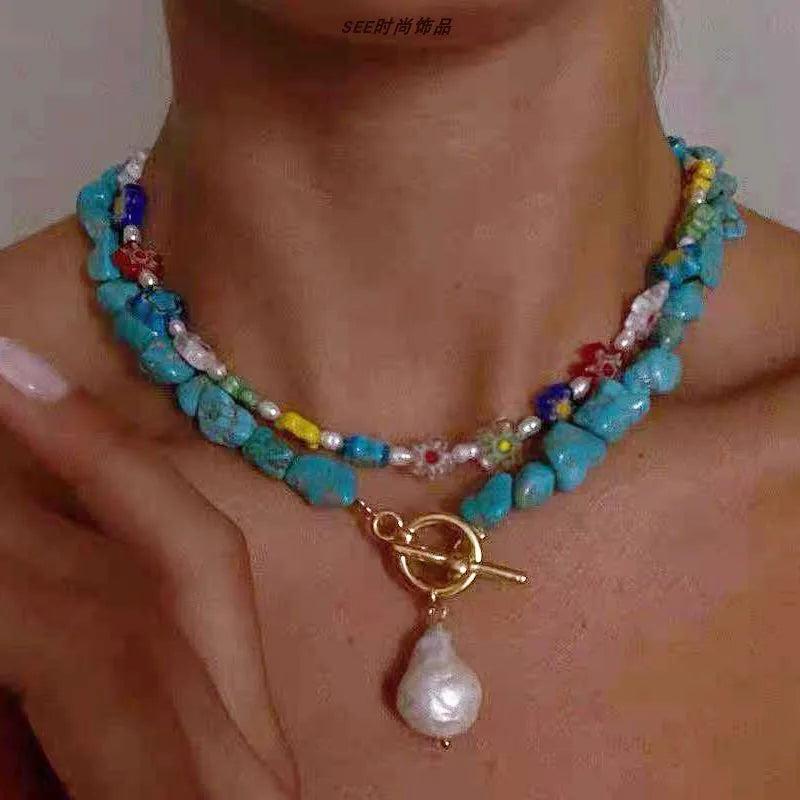 Bohemian Turquoise Stone Necklace with Pearl Pendant